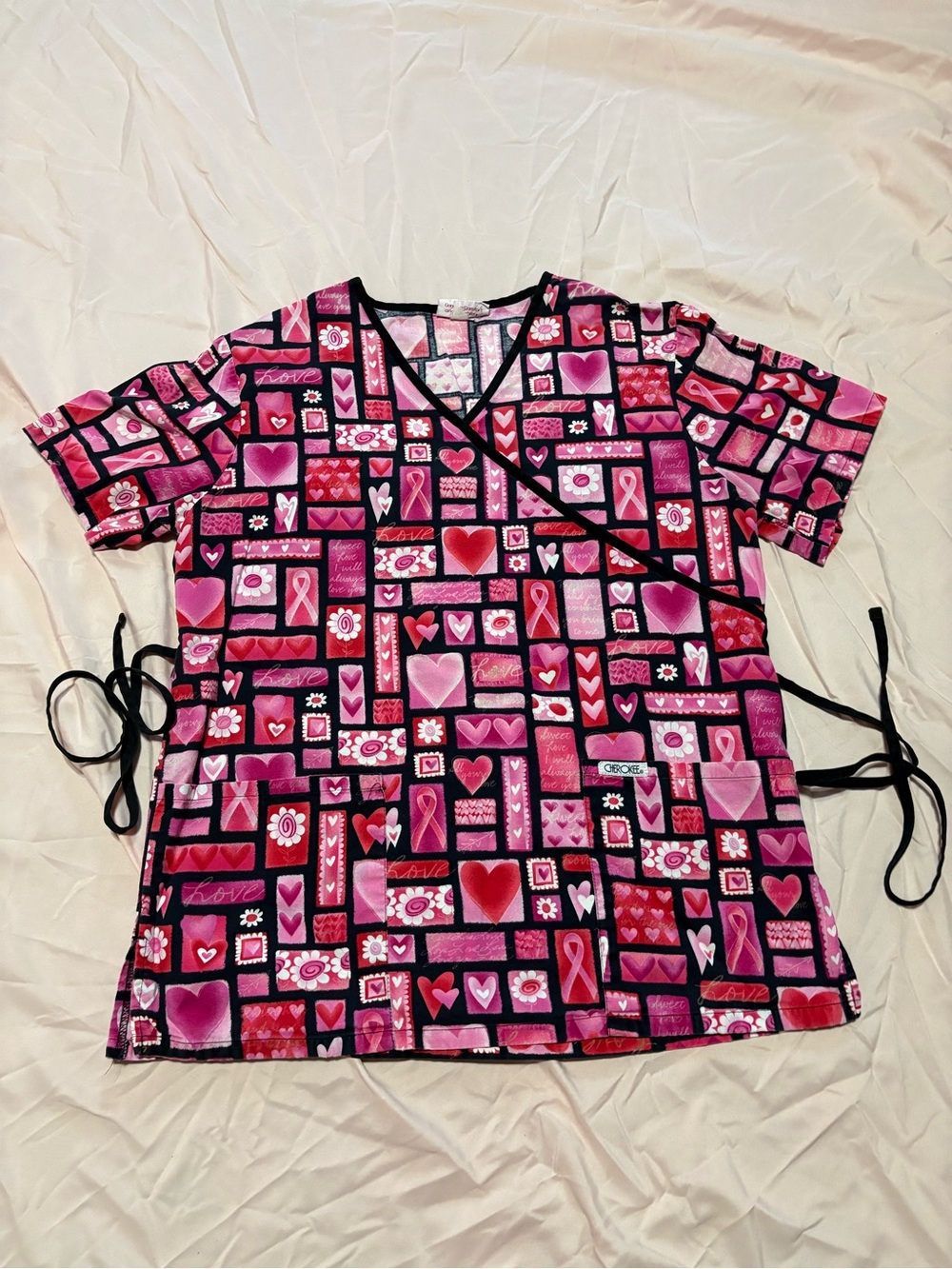 Pink & Black Patchwork Heart Print Medical Scrub Wrap Top